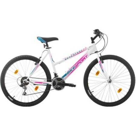 VTT BIKESPORT ADVENTURE LADY 26" BLANC/ROSE - Cadre en acier, 18 vitesses, freins V-brakes