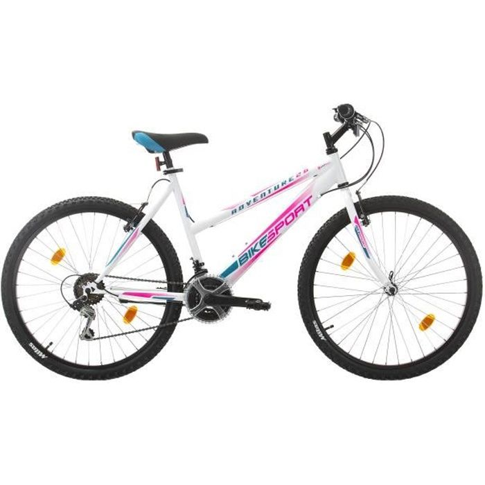 VTT BIKESPORT ADVENTURE LADY 26" BLANC/ROSE - Cadre en acier, 18 vitesses, freins V-brakes