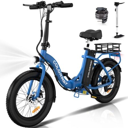 COLORWAY Vélo électrique Pliable 20"*3.0 Gros Pneus, Batterie 36V 12Ah, E-BIKE pliant, Bleu +HITWAY panier arrière