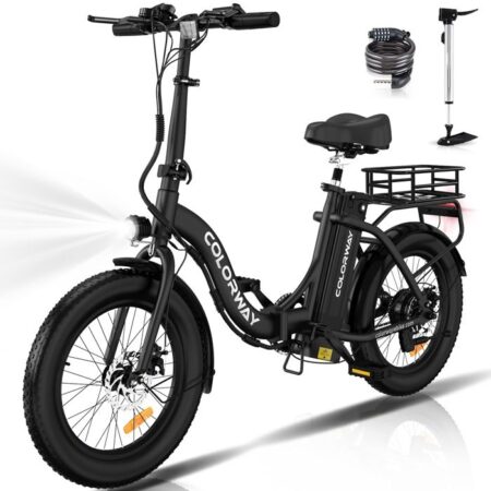 COLORWAY Vélo électrique Pliable 20"*3.0 Gros Pneus, Batterie 36V 12Ah, E-BIKE pliant, Noir +HITWAY panier arrière