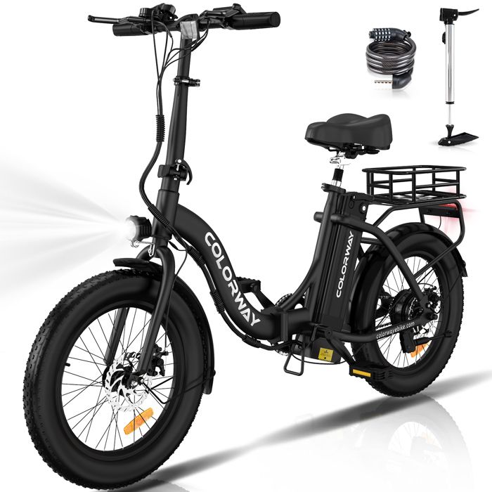 COLORWAY Vélo électrique Pliable 20"*3.0 Gros Pneus, Batterie 36V 12Ah, E-BIKE pliant, Noir +HITWAY panier arrière