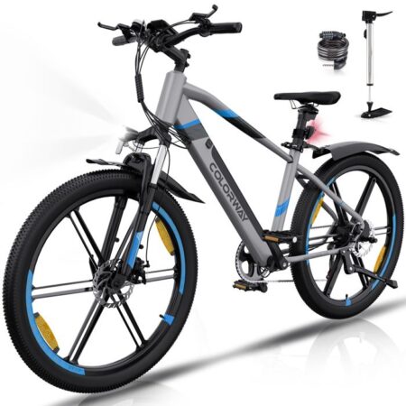 COLORWAY Vélo Électrique 26", VTT Ville, Batterie Lithium amovible 36V12Ah - 7 Vitesses - Argenté