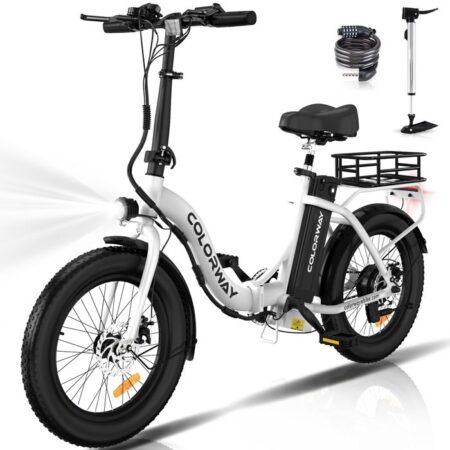COLORWAY Vélo électrique Pliable 20"*3.0 Gros Pneus, Batterie 36V 12Ah, E-BIKE pliant, Blanc +HITWAY panier arrière