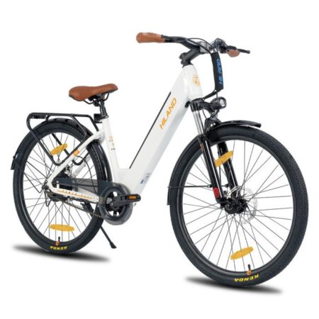HILAND Vélo électrique adulte avec moteur 250W, vitesse 25KM/H, suspension avant, passage droit,Blanc