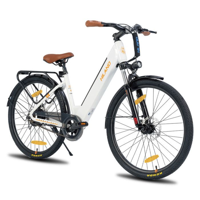 HILAND Vélo électrique adulte avec moteur 250W, vitesse 25KM/H, suspension avant, passage droit,Blanc