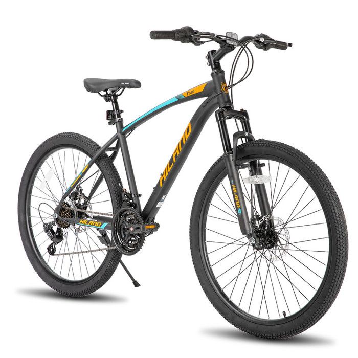 HILAND VTT 27,5 Pouces Tout Terrain,Vélo 21 Vitesses avec Cadre en Acier,Vélo de Montagne avec Fourche à Suspension-Orange