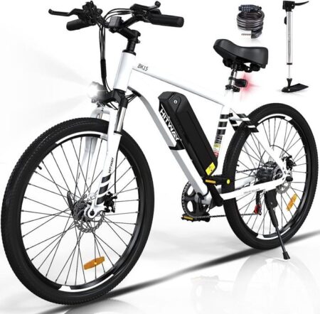 HITWAY Vélo Électrique 26" Blanc, VAE avec batterie amovible 36V/12AH, Shimano 7-Vitesses, VTT Ville E-Bike