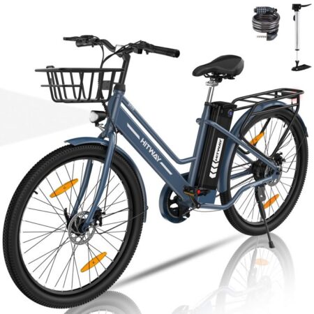 HITWAY Vélo Électrique 26" VAE, 250W, Batterie 36V/10,4Ah,Pédalage Assisté,BK8S Bleu+HITWAY Panier de Vélo Avant