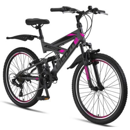 Vélo VTT 26" - LICORNE - Premium - Anthracite/Rose - 21 Vitesses - Suspension Complète