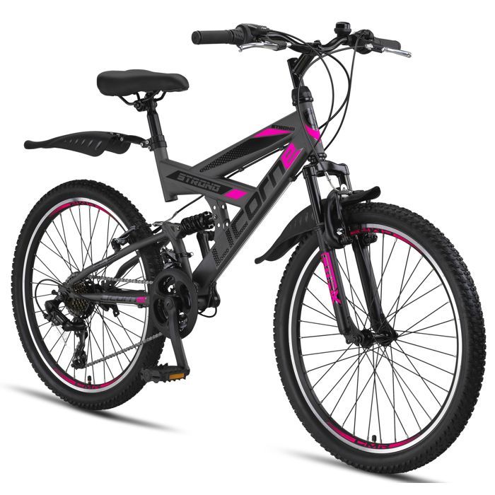 Vélo VTT 26" - LICORNE - Premium - Anthracite/Rose - 21 Vitesses - Suspension Complète