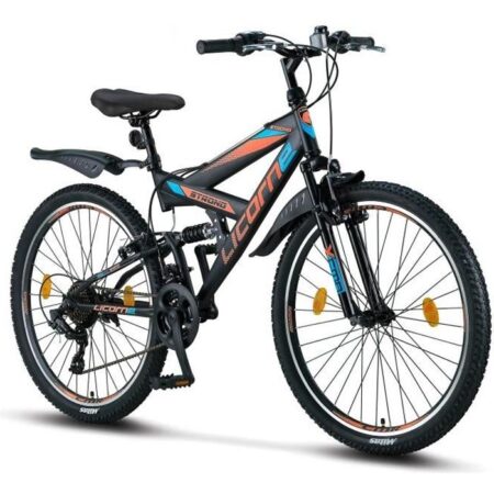 Vélo - LICORNE - VTT 26" Premium - Noir/Bleu/Orange - 21 Vitesses - Suspension Complète