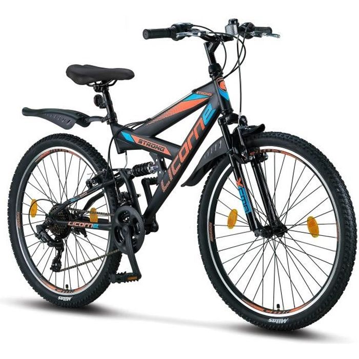 Vélo - LICORNE - VTT 26" Premium - Noir/Bleu/Orange - 21 Vitesses - Suspension Complète