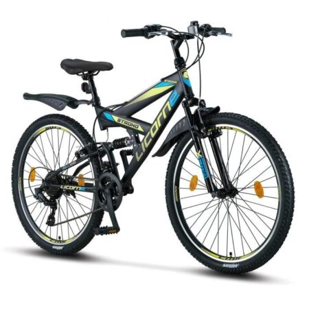 Vélo - LICORNE - VTT 26" Premium - Noir/Bleu/Vert citron - 21 vitesses - Suspension complète