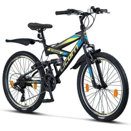Vélo - LICORNE - VTT 26" Premium - Noir/Bleu/Vert citron - 21 vitesses - Suspension complète