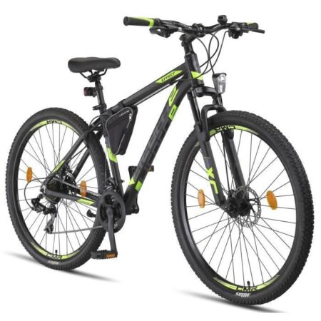 Vélo VTT haut de gamme - LICORNE - Noir/Vert citron - 2 freins à disque - 21 vitesses - pour randonnée