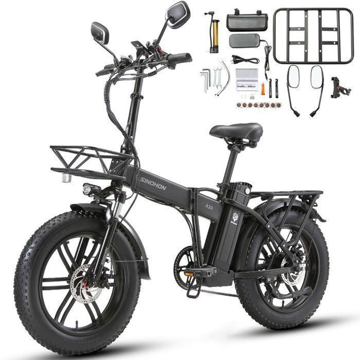 SINOHON - Vélo Électrique Pliable - Roues 20" - Moteur 1000W 45km/h - Batterie 48V 18Ah - Autonomie 80-120km (Mode ASSIST) - Noir