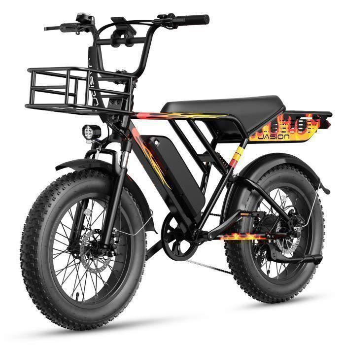 Vélo électrique JASION Noir 20" x 4.0, Batterie Amovible 48V13AH,Shimano 7 Vitesses,VAE,VTT Ville E-Bike, Panier avant