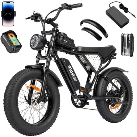 velo electrique Ridstar Q20 Autonomie 80km Moteur 1000W tout suspendu Shimano 7 vitesses VTT fat bike Batterie 48V15Ah Noir