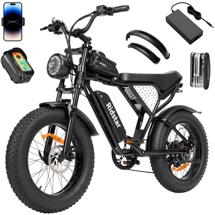 velo electrique Ridstar Q20 Autonomie 80km Moteur 1000W tout suspendu Shimano 7 vitesses VTT fat bike Batterie 48V15Ah Noir