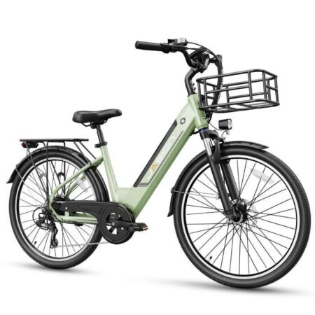 JASION Vélo électrique 26" Vert,Batterie 48V 11Ah, écran LCD,7 Vitesses, E-Bike Urbain pour Adulte Homme Femme, Panier avant