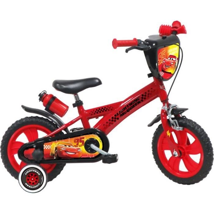 Vélo enfant 12'' CARS / DISNEY avec 1 frein - plaque avant, bidon et porte bidon + 2 stabilisateur amovibles.