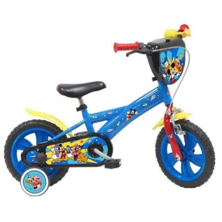 Vélo enfant 12'' MICKEY / DISNEY (Taille <90/95 cm) équipé de 1 frein, 2 stabilisateurs amovibles, et plaque avant décorative