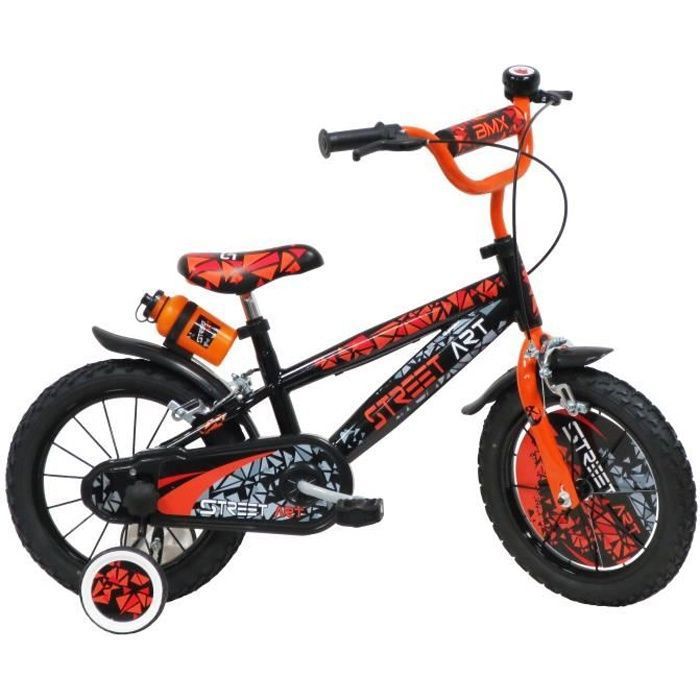 Vélo Enfant 14" STREET ART Garçon ( taille 90 cm à 110 cm ) Noir & Orange, équipé de 2 Freins, Gourde, Porte gourde, Guidon BMX