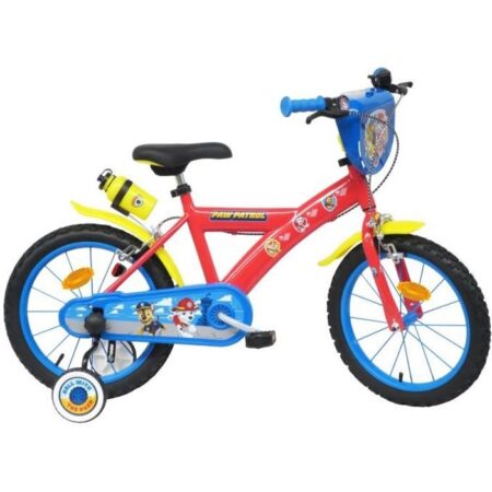 Vélo enfant 16'' Pat' Patrouille (Taille 105 cm à 120 cm) équipé de 2 freins, plaque avant, stabilisateurs + Bidon arrière !