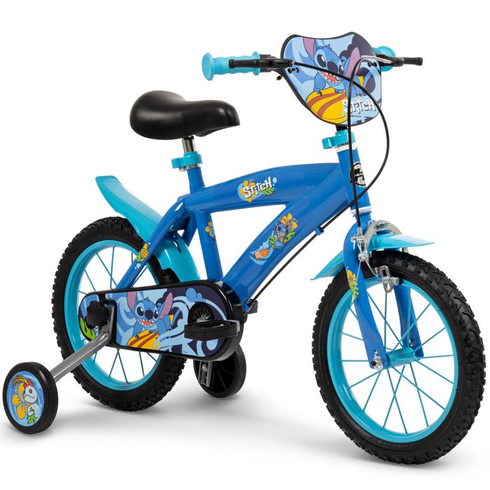 Vélo Enfant Disney - Stitch - Roues 14" - Age 4-6 ans - 2 Freins - Stabilisateurs - Monovitesse - Garde-Boue - Bleu - Produit HUFFY