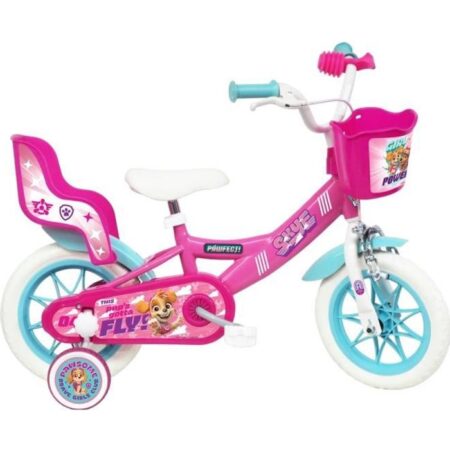 Vélo enfant Fille 12'' PAT PATROUILLE / STELLA (Taille d'enfant<95 cm) avec 1 Frein, panier avant, porte poupée et stabilisateurs.