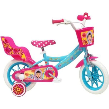 Vélo Enfant Fille 12" PRINCESSE DES SABLES - 2/4 ans Rose & Bleu, équipé de 1 Frein, panier avant, porte poupée et stabilisateurs