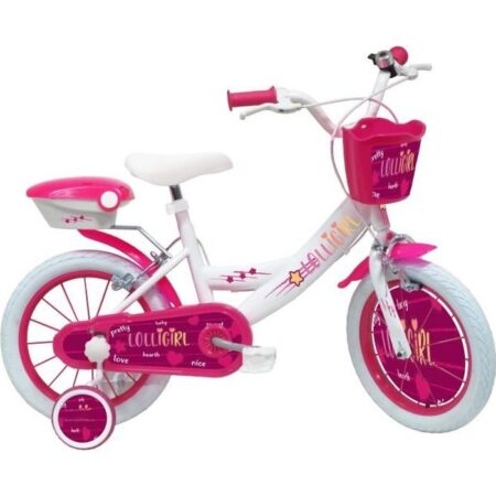 Vélo Enfant 16" LOLLI GIRL Fille ( taille 105 cm à 120 cm ) Blanc & Rose, équipé de 2 Freins, Coffre arrière, Panier avant