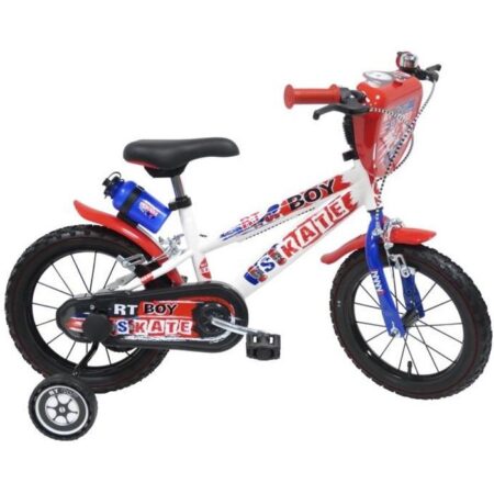 Vélo Enfant 16" URBAN SKATE Garçon ( taille 105 cm à 120 cm ) Blanc & Rouge & Bleu, équipé de 2 Freins, Gourde, Porte gourde,