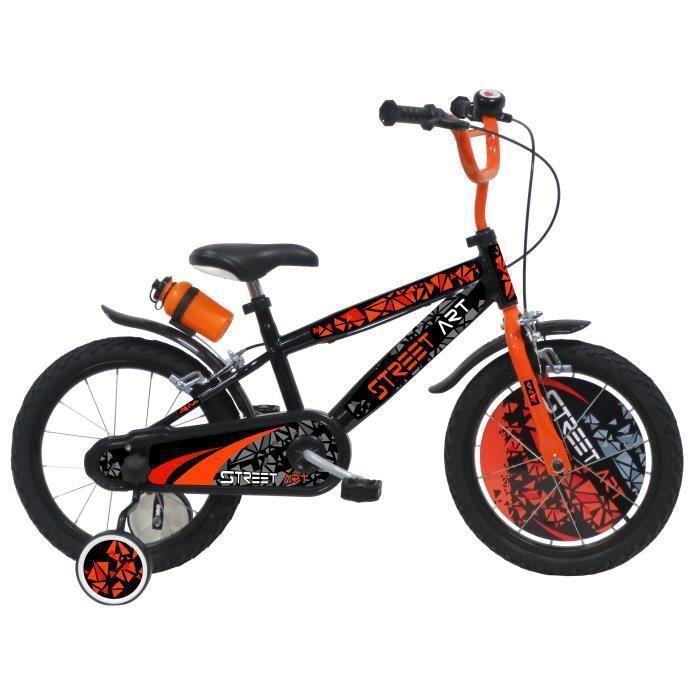 Vélo Enfant 16" STREET ART Garçon ( taille 105 cm à 120 cm ) Noir & Orange, équipé de 2 Freins, Gourde, Porte gourde, Guidon BMX