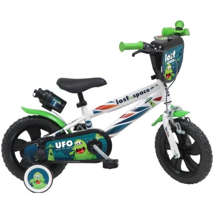 Vélo Enfant 12" UFO Garçon ( taille < 90/95 cm ) Blanc & Vert, équipé de 1 Frein, Gourde, Porte gourde & Plaque avant décorative
