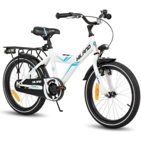 HILAND Vélo d'enfant - Roues 18" - 5-7 ans - Stabilisateurs - Porte-bagages arrière - Vélo de garçon- Blanc