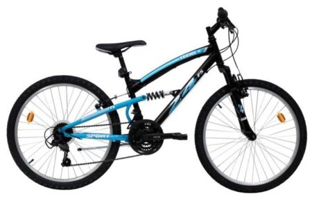 Vélo VTT 24'' Tout Suspendu TEENS - Shimano TY21 - 18 Vitesses - Noir avec stickers turquoise