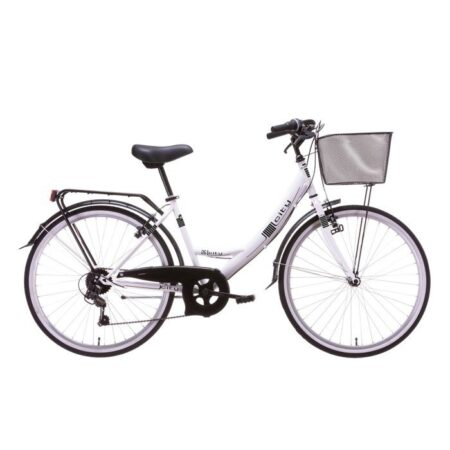 Vélo de ville 26'' Retro femme "CITY" équipé de 6 Vitesses Shimano et équipement complet city avec panier et porte bagages.