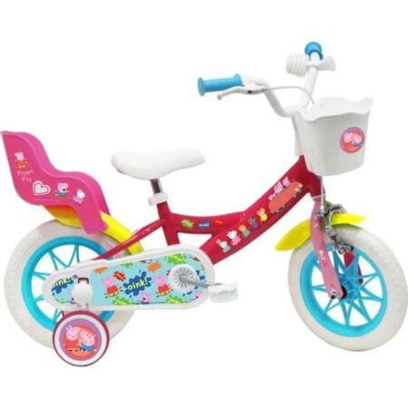 Vélo enfant 12'' Peppa Pig pour enfant <90/95 cm équipé de 1 frein, panier et porte poupée + 2 stabilisateurs amovibles