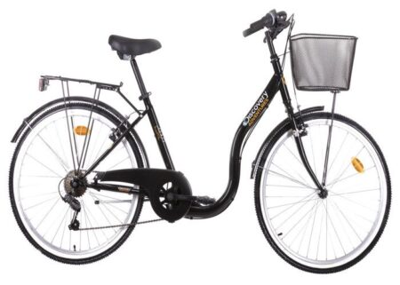 Vélo Rétro 26'' cadre acier " Discovery Adventures " 6 Vitesses, dérailleur Shimano et poignée tournante + équipement City + Panier