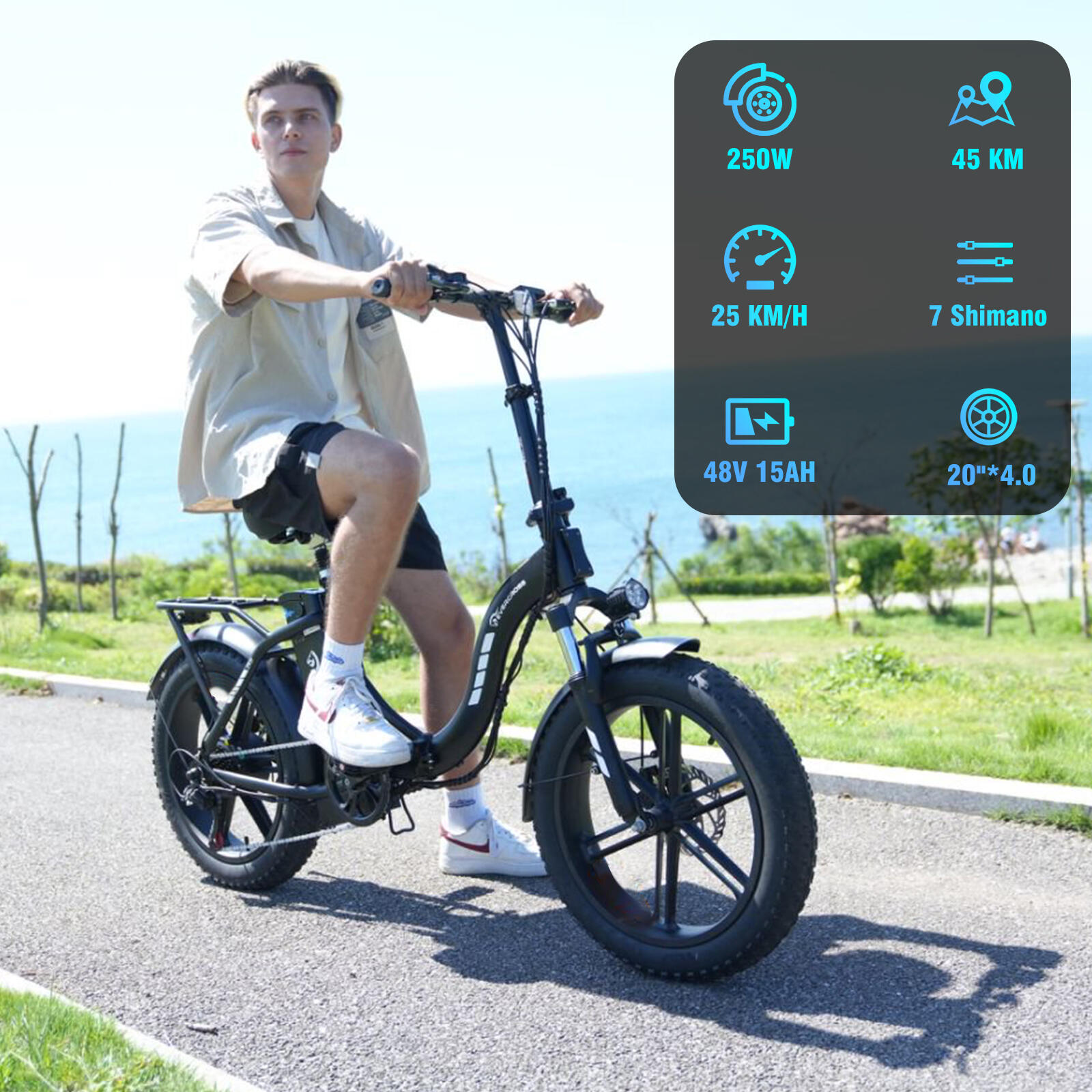 Vélo électrique pliable Adulte Fat tire 20*4.0 Batterie13Ah- EK6 Noir – Image 4